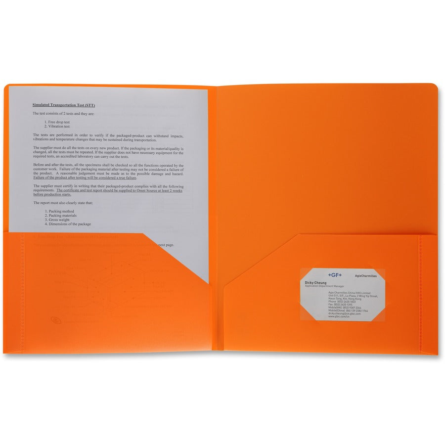 Business Source Letter Portfolio - 8 1/2" x 11" - 30 Sheets Capacity - 2 Pocket - Orange - Durable, Spill Resistant, Wear Resistant, Card Holder - 1 Each