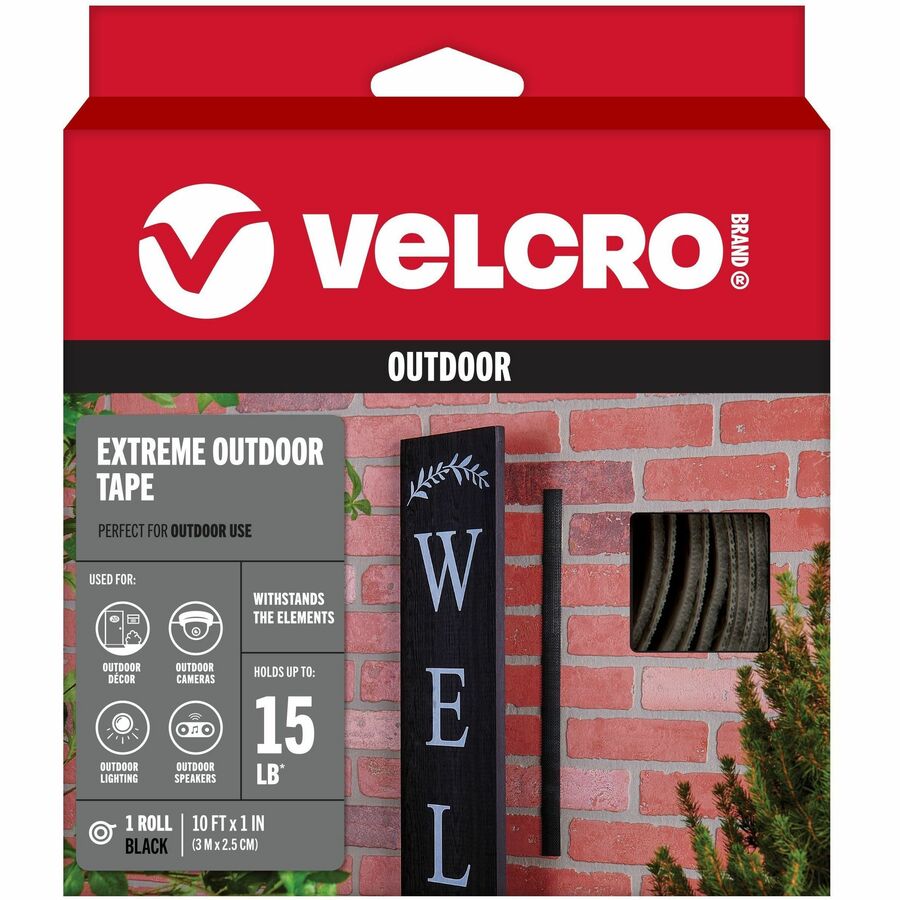 VELCRO&reg, Extreme Outdoor 10ft x 1in Tape Roll Black - 10 ft Length x 1" Width - Black - Silicone - Temperature Resistant, UV Resistant, Weather Resistant - For Outdoor, Indoor, Hanging, Project, Smooth Surface, Rough Surface, Wood, Brick, Concrete...