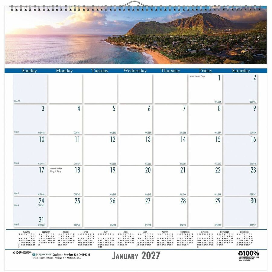 House of Doolittle Coastlines Monthly Wall Calendar - Julian Dates - Monthly - 12 Month - January 2027 to December 2027 - 1 Month Single Page Layout - 1.38" x 1.50" Block - Wire Bound - Sea Blue - 12" Height x 12" Width - 1 Each