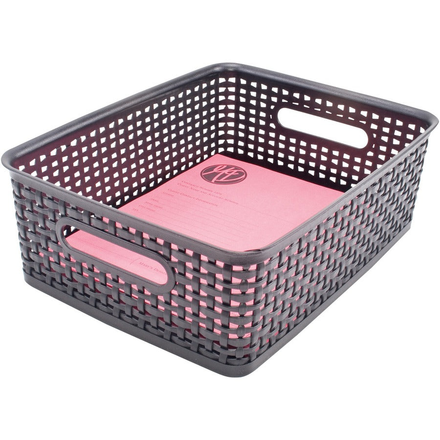 Advantus Plastic Weave Bins - 4.75" Height x 10.50" Width x 13.25" Depth - Desktop - Secure Grip - Black - Plastic - 2 / Pack