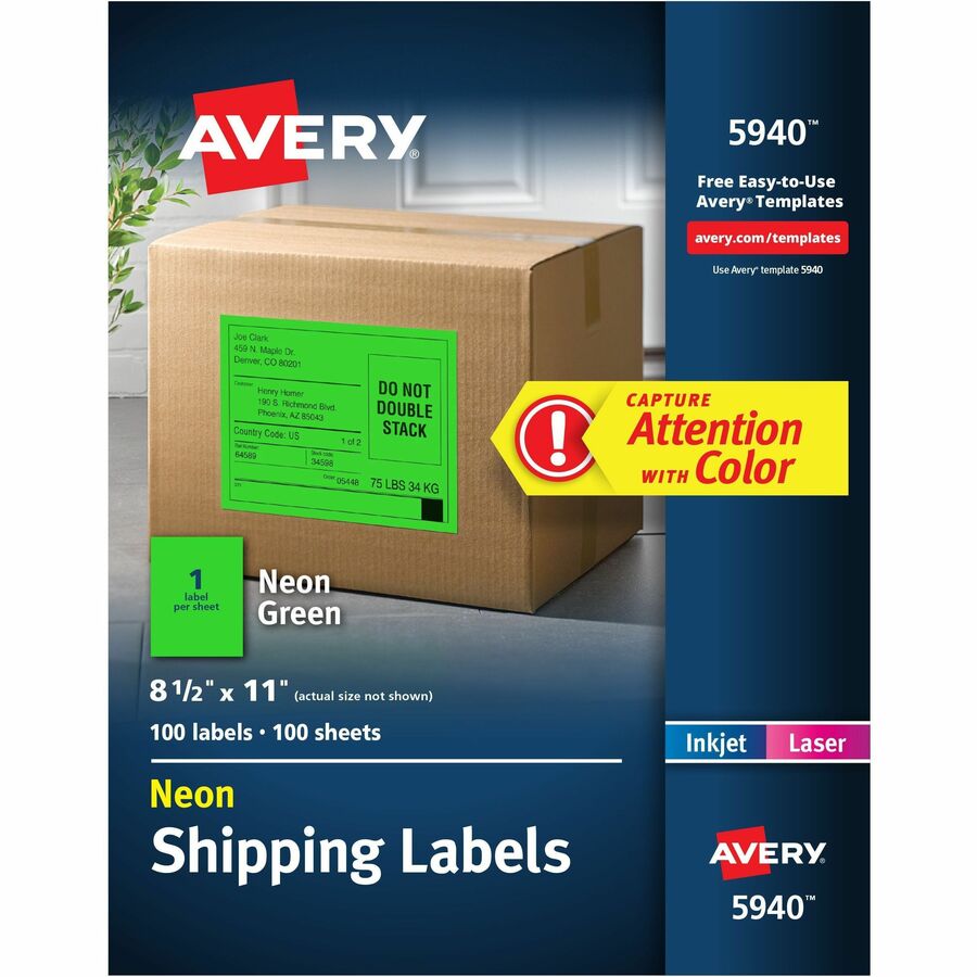 Avery&reg, Neon Shipping Labels, 8-1/2" x 11" , 100 Labels (5940) - x 8 1/2" Width x 11" Length - Full Sheet - Permanent Adhesive - Rectangle - Laser, Inkjet - Matte - Neon Green - Paper - 1 / Sheet - 100 Total Sheets - 100 Total Label(s) - For Label P...