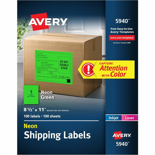 Avery, Neon Shipping Labels, 8-1/2" x 11" , 100 Labels (5940) - x 8 1/2" Width x 11" Length - Full Sheet - Permanent Adhesive - Rectangle - Laser, Inkjet - Matte - Neon Green - Paper - 1 / Sheet - 100 Total Sheets - 100 Total Label(s) - For Label P...