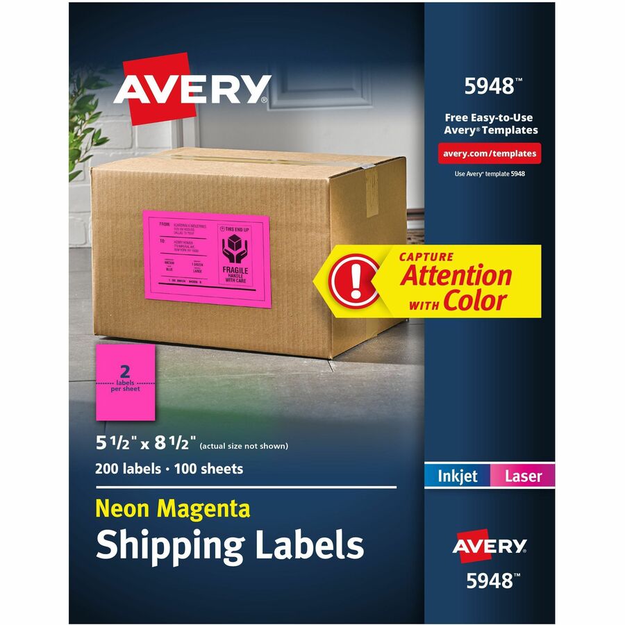 Avery&reg, Neon Shipping Labels, 5-1/2" x 8-1/2" , 200 Labels (5948) - x 5 1/2" Width x 8 1/2" Length - Half Sheet - Permanent Adhesive - Rectangle - Laser, Inkjet - Matte - Neon Magenta - Paper - 2 / Sheet - 100 Total Sheets - 200 Total Label(s) - For...
