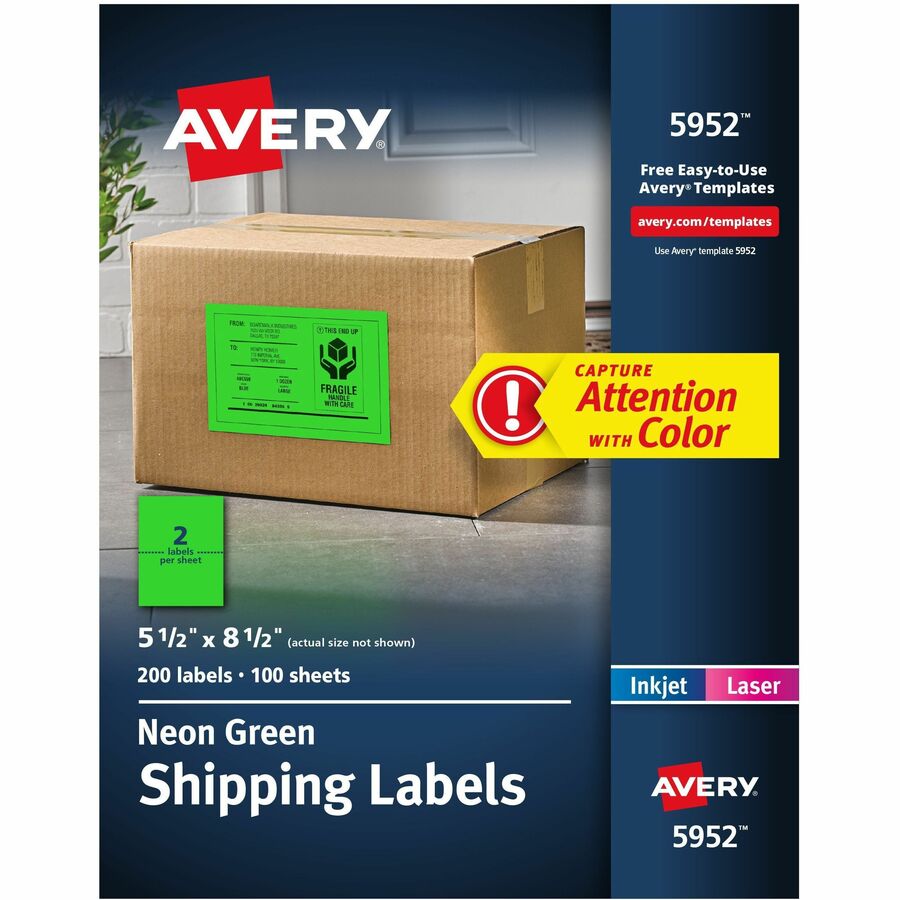 Avery&reg, Neon Shipping Labels, 5-1/2" x 8-1/2" , 200 Labels (5952) - x 5 1/2" Width x 8 1/2" Length - Permanent Adhesive - Rectangle - Laser, Inkjet - Matte - Neon Green - Paper - 2 / Sheet - 100 Total Sheets - 200 Total Label(s) - For Label Printer...