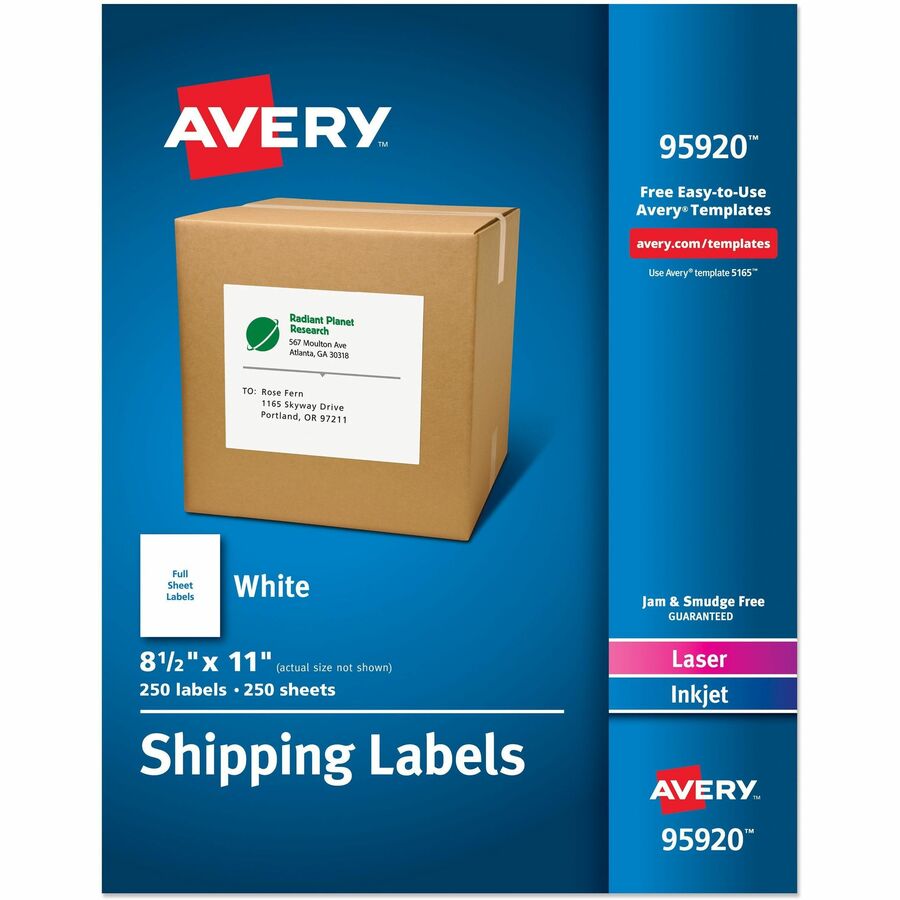 Avery&reg, Shipping Address Labels, 250 Labels, Full Sheet Labels, Permanent (95920) - x 8 1/2" Width x 11" Length - Full Sheet - Permanent Adhesive - Rectangle - Laser, Inkjet - Matte - White - Paper - 1 / Sheet - 250 Total Sheets - 250 Total Label(s)...