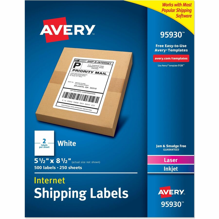 Avery&reg, Address Label - x 5 1/2" Width x 8 1/2" Length - Half Sheet - Permanent Adhesive - Rectangle - Laser, Inkjet - Matte - White - Paper - 2 / Sheet - 250 Total Sheets - 500 Total Label(s) - 250 / Box