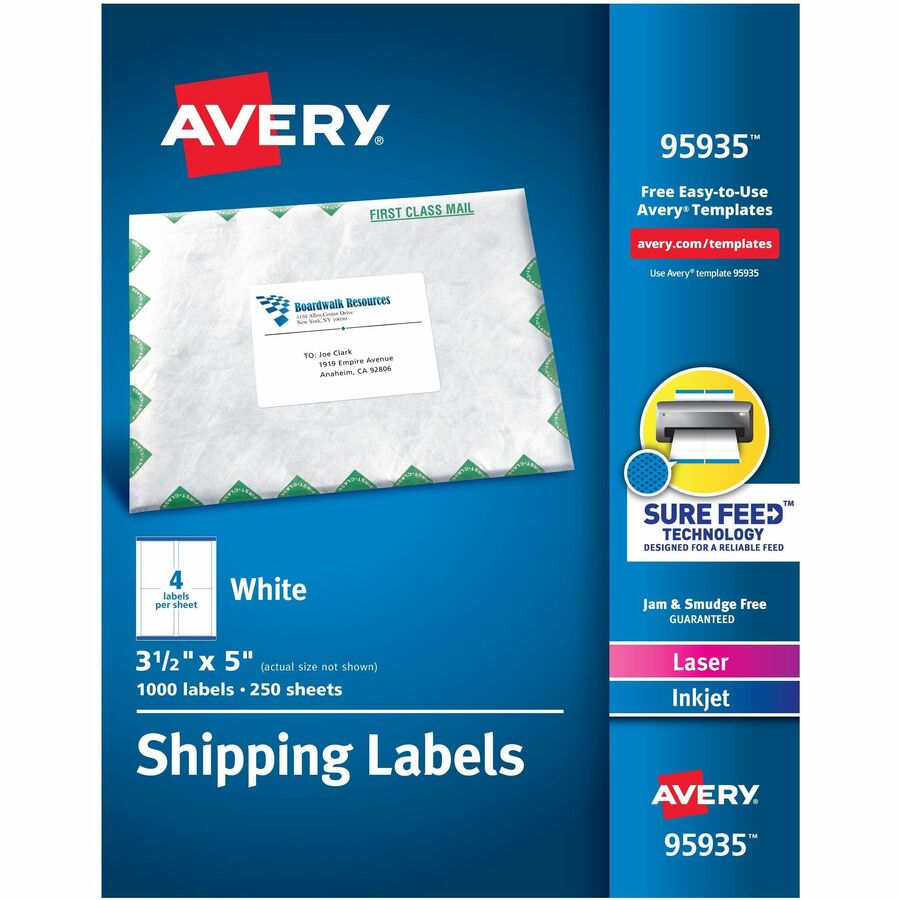 Avery&reg, Shipping Labels, Sure Feed, 3-1/2" x 5" , 1,000 Labels (95935) - 3 1/2" Width x 5" Length - Permanent Adhesive - Rectangle - Inkjet, Laser - Matte White - Matte - Paper - 4 / Sheet - 4 Total Sheets - 1000 Total Label(s) - 250 / Box