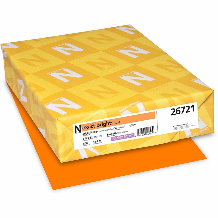 Exact Brights&reg, Smooth Colored Paper - Orange - Letter - 8 1/2" x 11" - 50 lb Basis Weight - Smooth - Printable, Lignin-free, Acid-free - Bright Orange - 500 / Pack