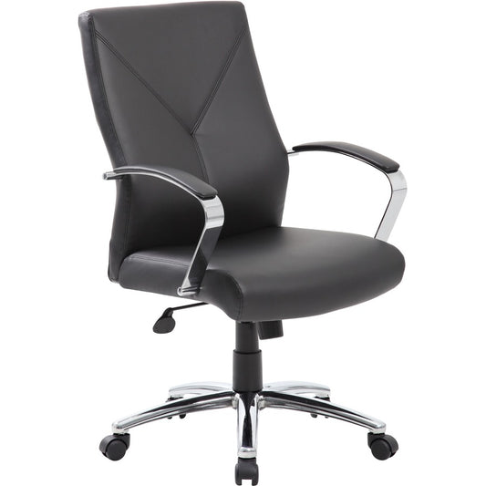 Boss Leatherplus Executive Chair with Chrome Accent - Black Seat Color - LeatherPlus Seat Material - Chrome, Black Frame Color - Chrome Frame Material - 5-star Base - Black - 1 Each