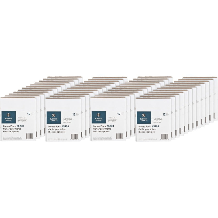 Business Source Plain Memo Pads - 100 Sheets - Plain - Glued - Unruled Front Ruling - 15 lb Basis Weight - 3" x 5" Sheet Size - White Paper - Chipboard Backing - 1 Dozen/Pack - 36 / Carton