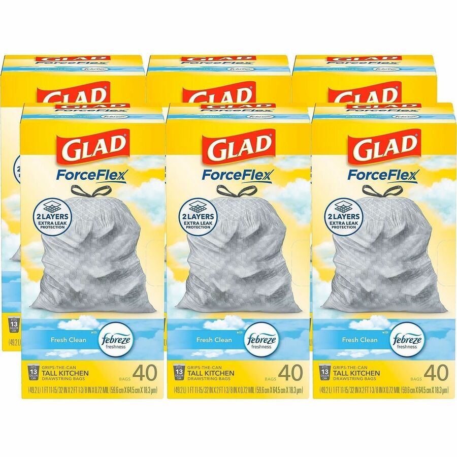 Glad ForceFlex Tall Kitchen Drawstring Trash Bags - Fresh Clean with Febreze Freshness - 13 gal Capacity - 27.38" Length x 24" Width x 1.05 mil (27 Micron) Thickness - Drawstring Closure - White - Kitchen - 40/Box - 6 / Carton