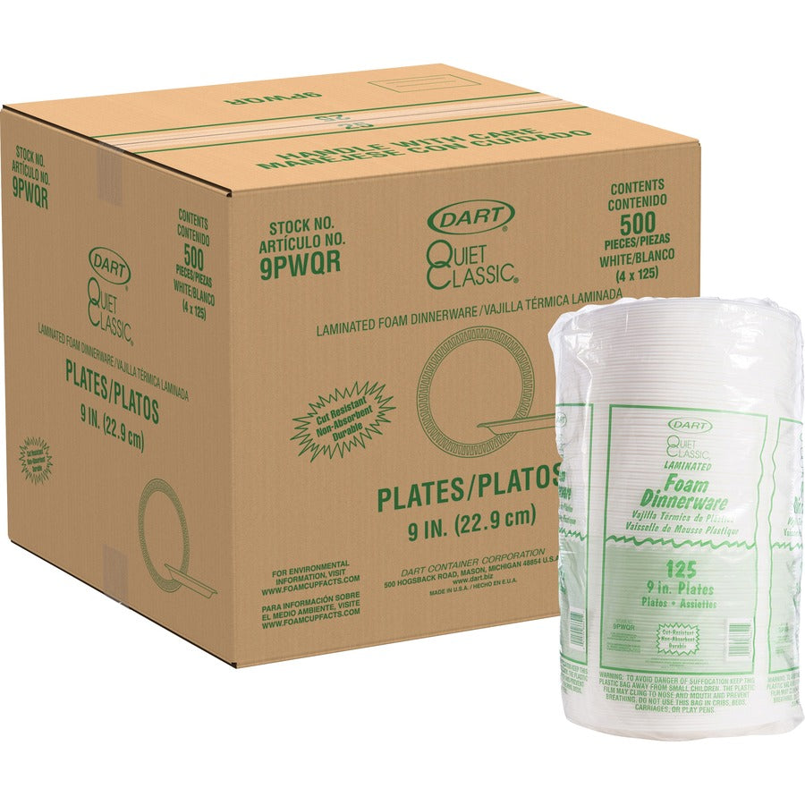 Dart Quiet Classic 9" Laminated Foam Plates - 9" Diameter - White - Foam Body - 125/Pack - 4 / Carton