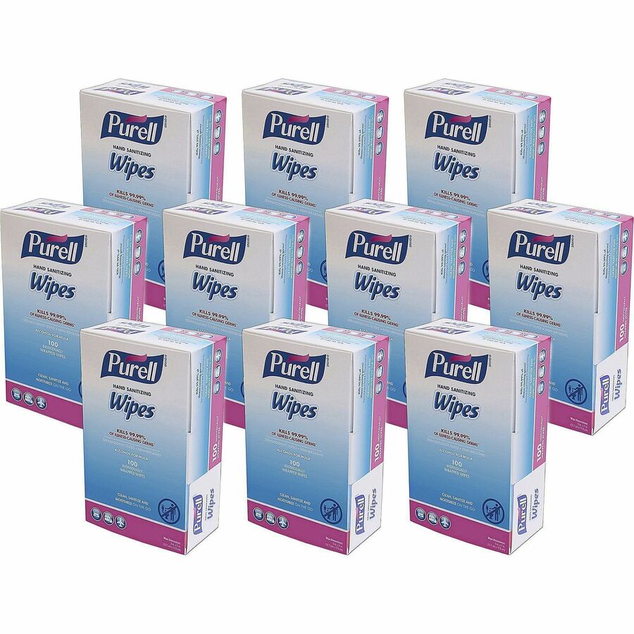 PURELL&reg, On-the-go Sanitizing Hand Wipes - 5" Width x 7" Length - Clear - 100/Box - 10 / Carton