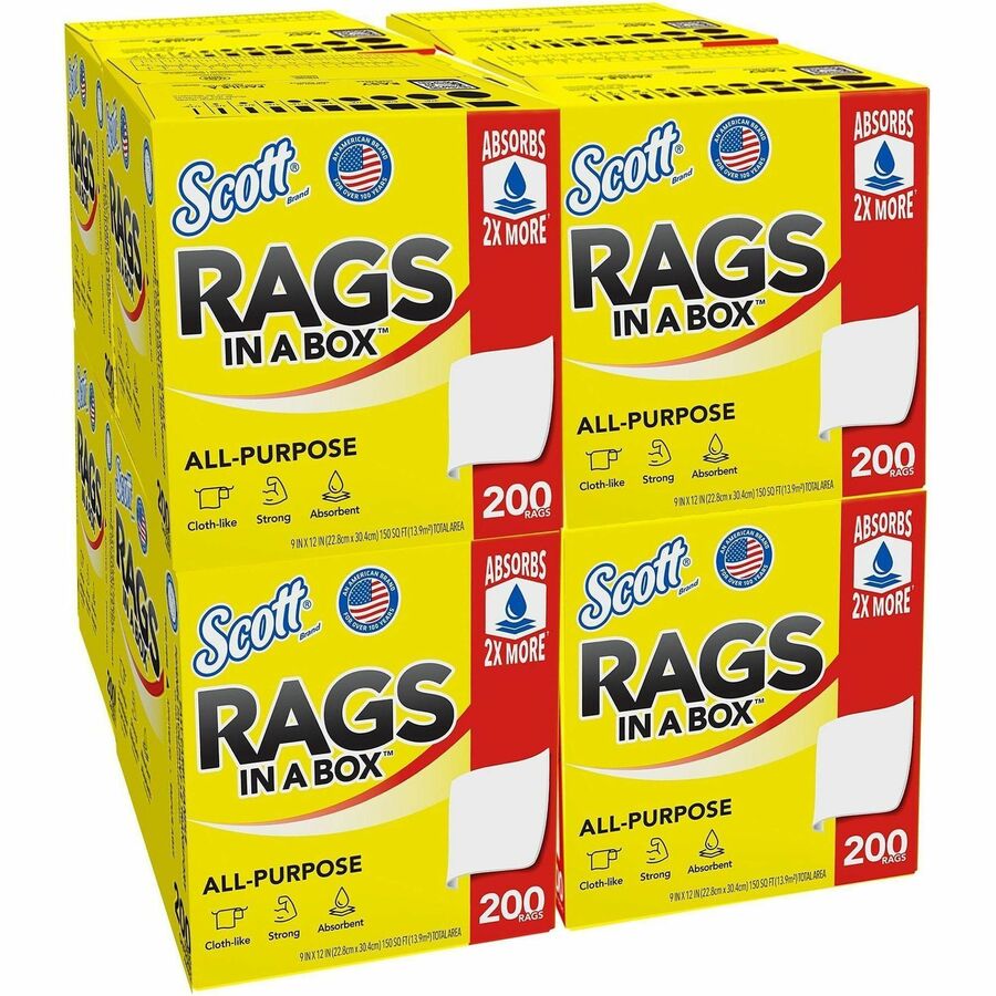 Scott Rags In A Box™, - For Multipurpose - Wipe - 13" Length x 10" Width - Recommended For: Paint Remover, Spill Remover, Stain Remover - Soft, Strong, Lint-free, Absorbent - White - 200/Box - 8 / Carton