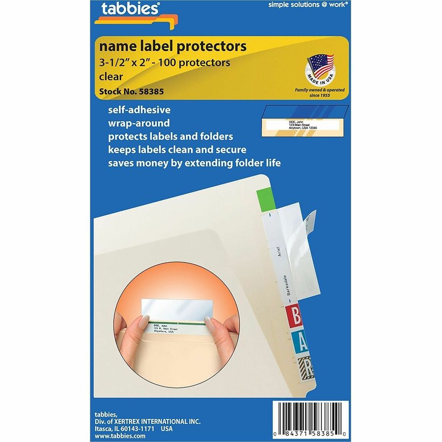 Tabbies Self-adhesive File Folder Label Protectors - For 3 1/2" x 2" Sheet - Rectangular - Clear - 100/Pack - 5 / Box