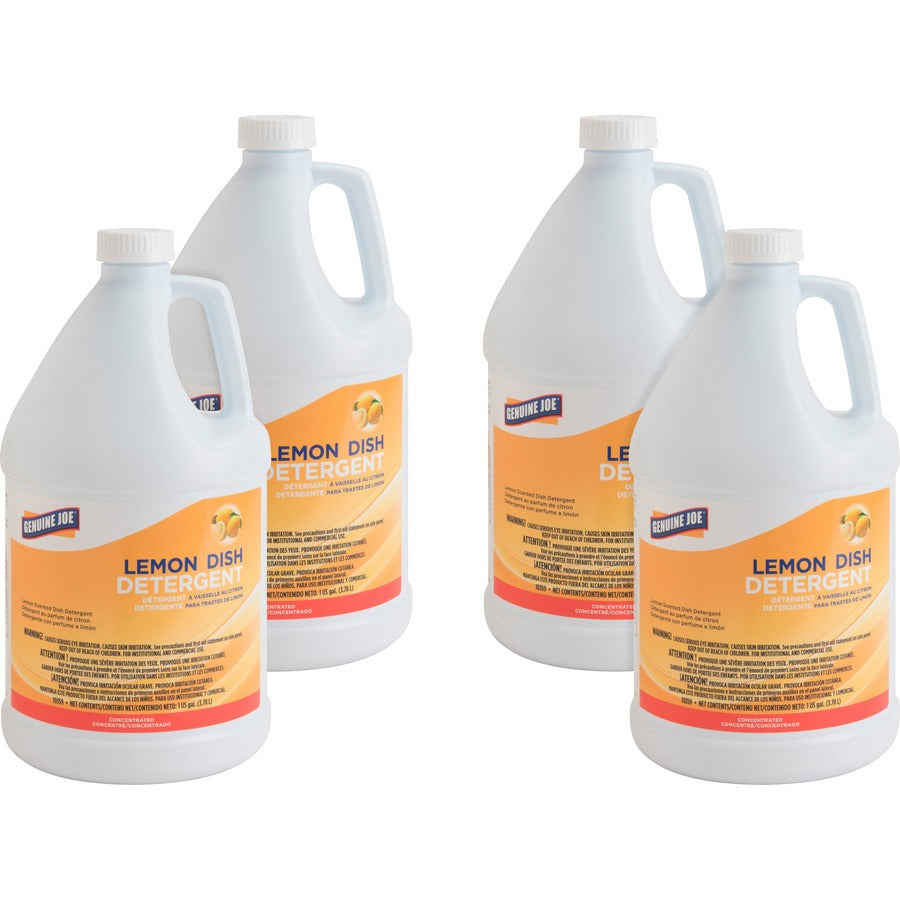 Genuine Joe Lemon Dish Detergent Gallon - For Multipurpose - 128 fl oz (4 quart) - Lemon Scent - Recommended For: Grease Remover - Film-free - White - 4 / Carton