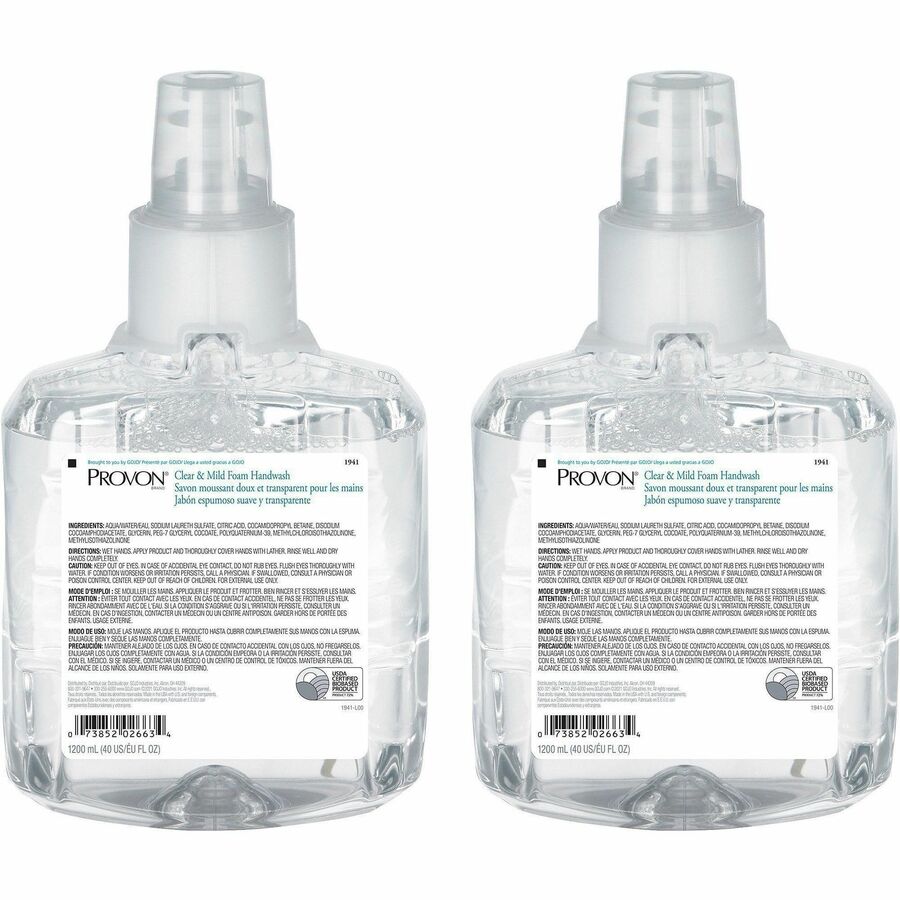 Provon LTX-12 Refill Clear & Mild Foam Handwash - 1.27 quart - Pump Bottle Dispenser - Kill Germs - Skin, Hand - Moisturizing - Clear - Rich Lather, Fragrance-free, Dye-free - 2 / Carton