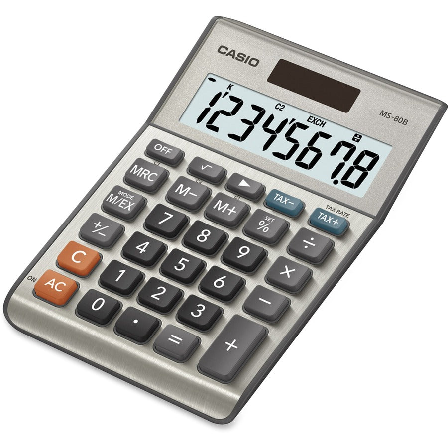 Casio MS80 Desktop Solar Tax Calculator - Extra Large Display, Dual Power, Rubber Feet, Key Rollover, 3-Key Memory, Sign Change, Easy-to-read Display, Independent Memory - Battery, Solar Powered - 5.8" Height x 4.1" Width x 1.1" Depth - Silver - Metal...