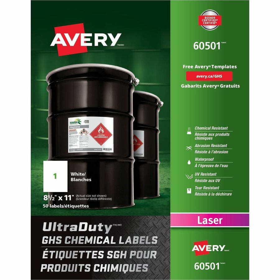 Avery UltraDuty GHS Chemical Labels - - HeightPermanent Adhesive - Laser - White - Film, Polyester - Water Resistant - 1 / Sheet - 50 / Box