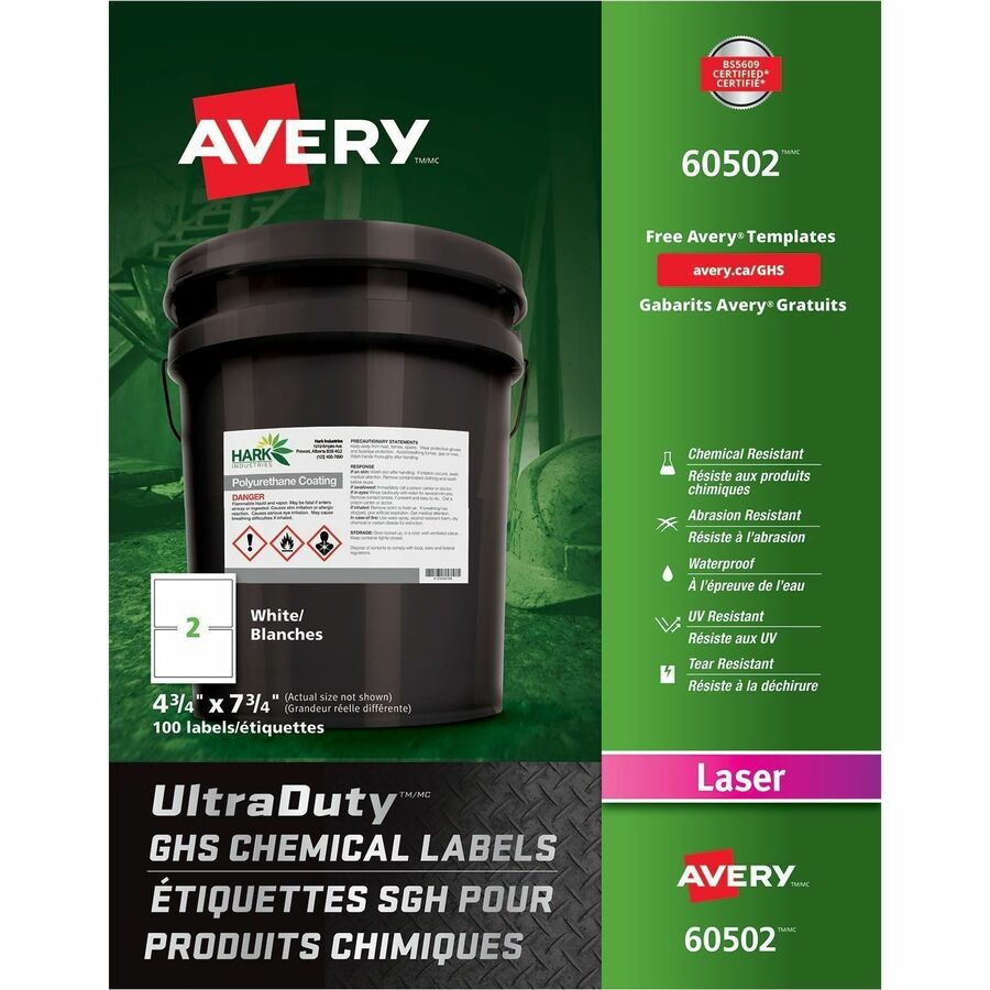 Avery UltraDuty GHS Chemical Labels - - HeightPermanent Adhesive - Laser - White - Film, Polyester - Water Resistant - 2 / Sheet - 100 / Box