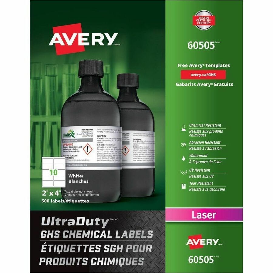 Avery&reg, UltraDuty™, GHS Chemical Labels - 2" Width x 4" Length - Permanent Adhesive - Rectangle - Laser - Matte - White - Film - Water Resistant - 10 / Sheet - 50 Total Sheets - 500 / Box