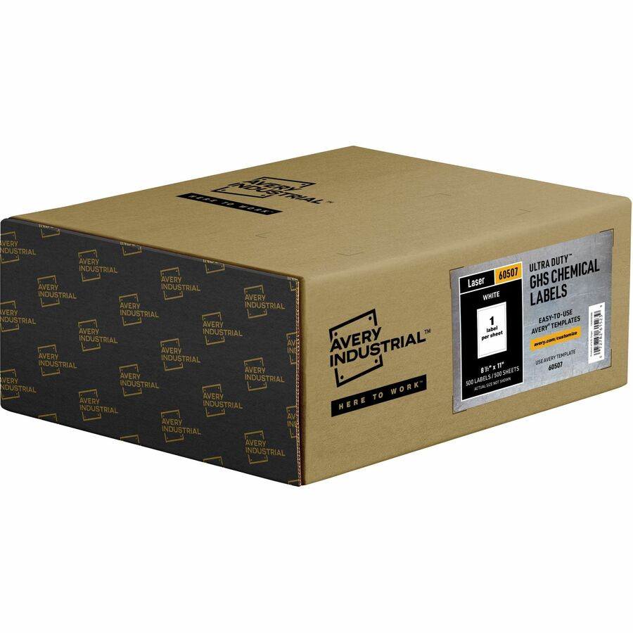 Avery&reg, UltraDuty Warning Label - 8 1/2" Width x 11" Length - Permanent Adhesive - Rectangle - Laser - White - Film - Water Resistant - 1 / Sheet - 500 Total Sheets - 500 Total Label(s) - 500 / Box