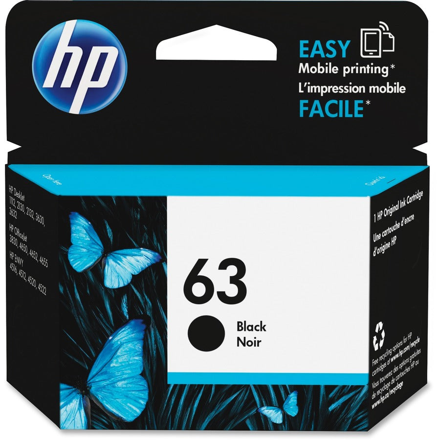 HP 63 Original Inkjet Ink Cartridge - Black - 1 Each - 170 Pages