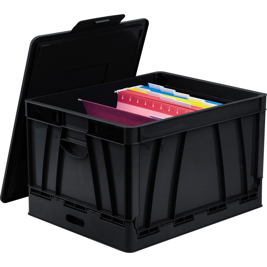 Storex Collapsible Storage Crate - External Dimensions: 14.3" Width x 17.3" Depth x 10.5" Height - 45 lb - 9.25 gal - Media Size Supported: Letter, Legal - Lid Lock Closure - Heavy Duty - Stackable - Plastic - Black - For File Folder, Letter, Document...