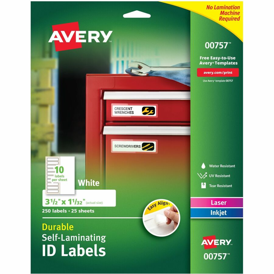 Avery&reg, Easy Align ID Label - 1 1/32" Width x 3 1/2" Length - Permanent Adhesive - Rectangle - Inkjet, Laser - Matte - White - Film - 10 / Sheet - 25 Total Sheets - 250 Total Label(s) - 25 / Pack