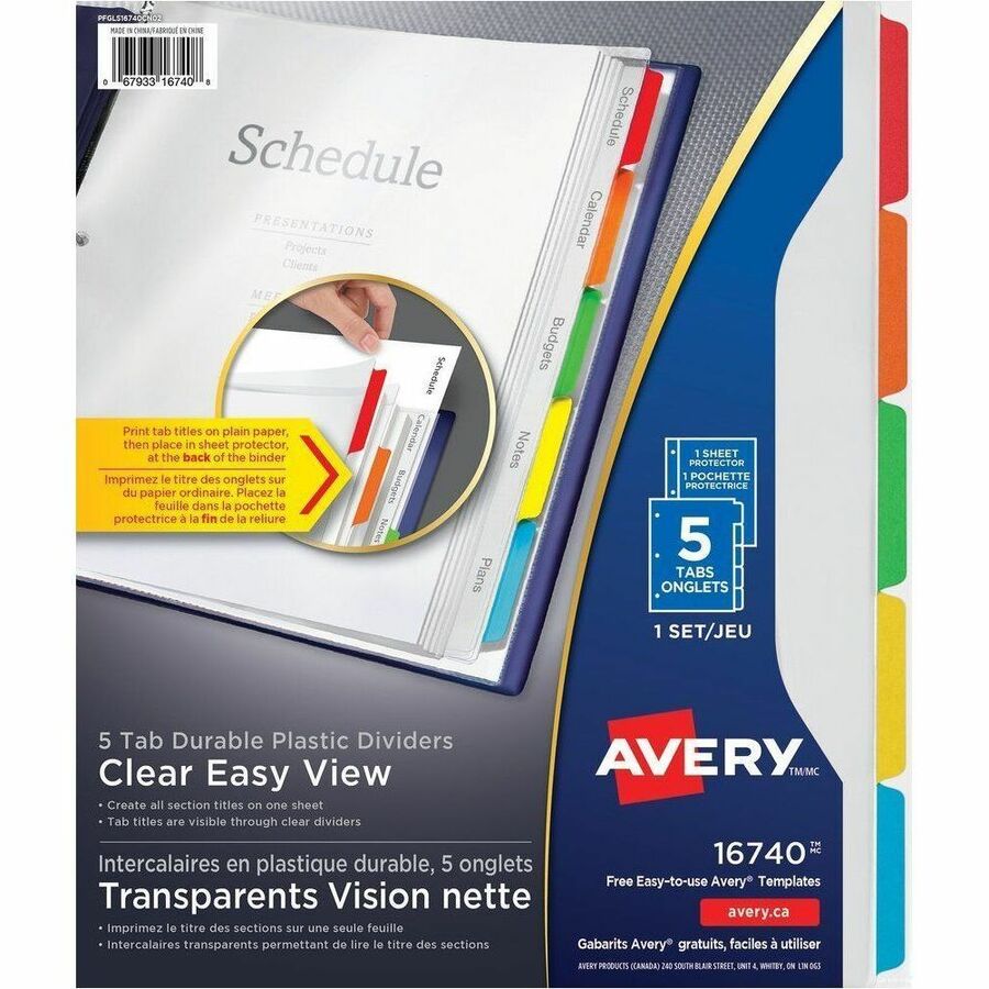 Avery Clear Easy View Durable Plastic Dividers - 5 x Divider(s) - 5 Tab(s) - 5 - 5 Tab(s)/Set - 8.5" Divider Width x 11" Divider Length - 3 Hole Punched - Clear Plastic Divider - Multicolor Plastic Tab(s) - Durable, Easy to Read, Flexible, Reusable, Te...