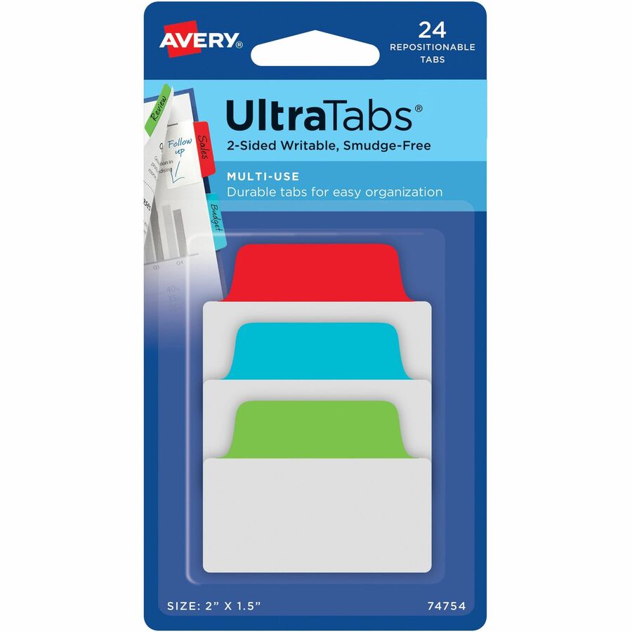 Avery&reg, 2" Multi-use Ultra Tabs - 24 Tab(s) - 1.50" Tab Height x 2" Tab Width - Removable - Red Film, Clear Paper, Blue, Green Tab(s) - PVC-free, Repositionable, Sturdy, Durable, Reusable, Double-sided, Writable, Smudge Resistant, Residue-free - 24...