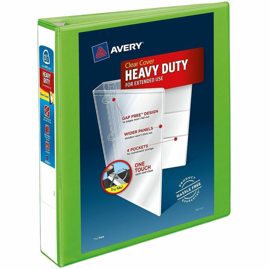 Avery&reg, Heavy-Duty View Binders - Locking One Touch EZD Rings - 1 1/2" Binder Capacity - Letter - 8 1/2" x 11" Sheet Size - 400 Sheet Capacity - 400 x 1.50" Ring - Fastener: Ring - Pocket: 4, Internal - Polypropylene - Chartreuse - Adhesive, Clear O...