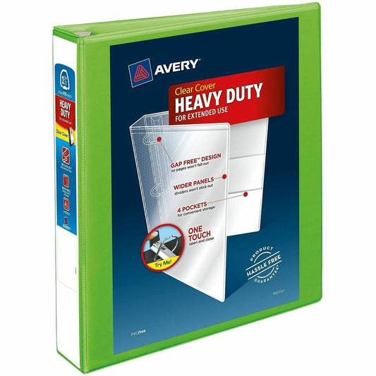 Avery, Heavy-Duty View Binders - Locking One Touch EZD Rings - 1 1/2" Binder Capacity - Letter - 8 1/2" x 11" Sheet Size - 400 Sheet Capacity - 400 x 1.50" Ring - Fastener: Ring - Pocket: 4, Internal - Polypropylene - Chartreuse - Adhesive, Clear O...
