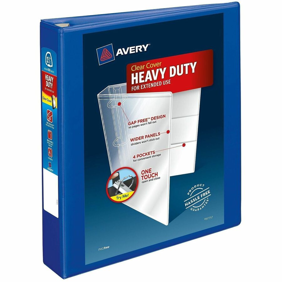 Avery&reg, Heavy-Duty View Binders - Locking One Touch EZD Rings - 1 1/2" Binder Capacity - Letter - 8 1/2" x 11" Sheet Size - 400 Sheet Capacity - 400 x 1.50" Ring - Fastener: Ring - Pocket: 4, Internal - Polypropylene - Pacific Blue - Adhesive, Clear...