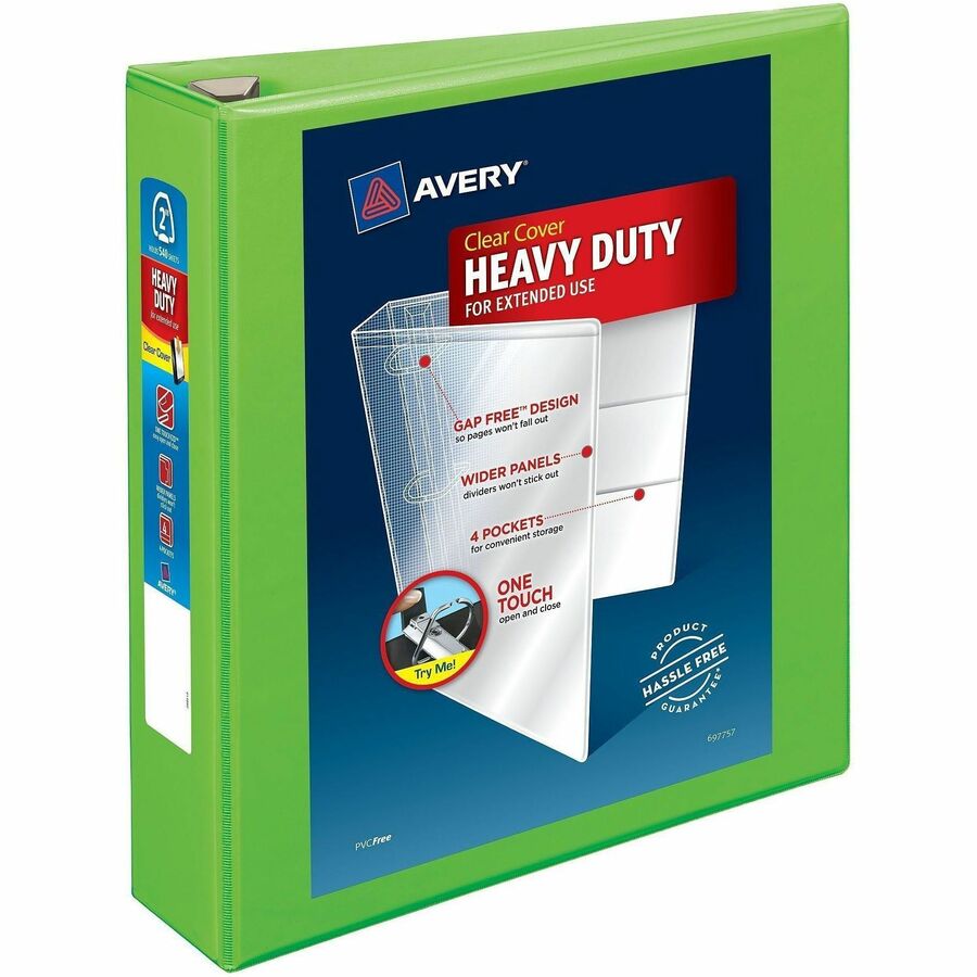 Avery&reg, Heavy-Duty View Binders - Locking One Touch EZD Rings - 2" Binder Capacity - Letter - 8 1/2" x 11" Sheet Size - 540 Sheet Capacity - 540 x 2" Ring - Fastener: Ring - Pocket: 4, Internal - Polypropylene - Chartreuse - Adhesive, Clear Overlay...