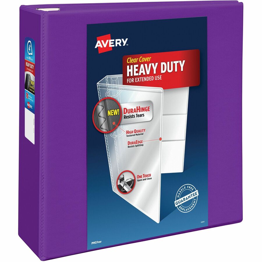 Avery&reg, Heavy-Duty View Binders with One Touch EZD Rings - 4" Binder Capacity - Letter - 8 1/2" x 11" Sheet Size - 780 Sheet Capacity - 780 x 4" Ring - Fastener: Ring - Pocket: 4, Internal - Polypropylene - Purple - Adhesive, Clear Overlay, Heavy Du...