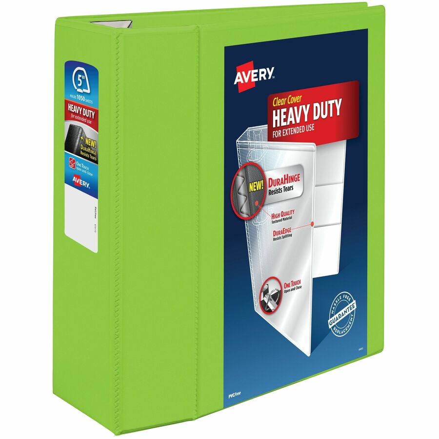 Avery&reg, Heavy-Duty View Binders with One Touch EZD Rings - 5" Binder Capacity - Letter - 8 1/2" x 11" Sheet Size - 1050 Sheet Capacity - 1050 x 5" Ring - Fastener: Ring - Pocket: 4, Internal - Polypropylene - Chartreuse - Adhesive, Clear Overlay, He...