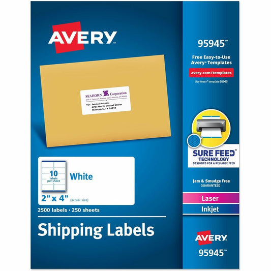 Avery, Shipping Labels, Sure Feed, 2"x4" , 2500 Glossy Labels (95945) - 2" Width x 4" Length - Permanent Adhesive - Rectangle - Inkjet, Laser - Matte White - Matte - Paper - 10 / Sheet - 10 Total Sheets - 2500 Total Label(s) - 250 / Box