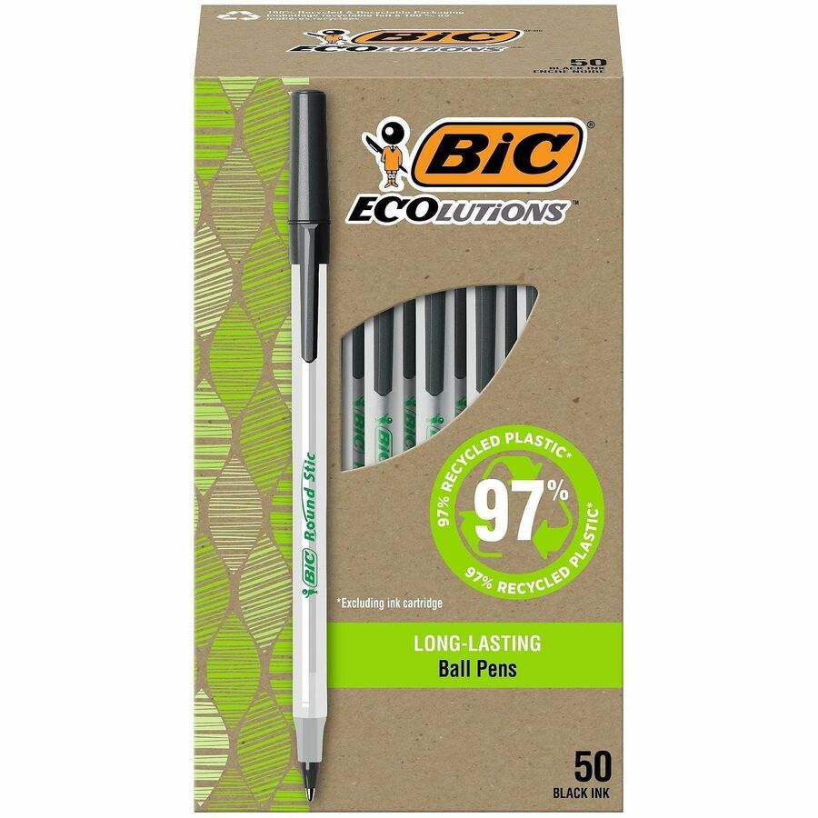 BIC Ecolutions Round Stic Ball Point Pen - Refillable - Black Ink - Frost Polypropylene, Translucent Plastic Barrel - 50 / Box