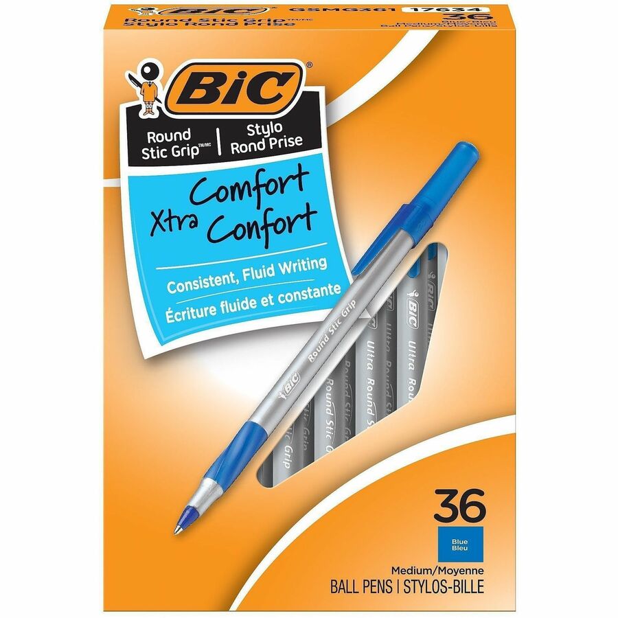 BIC Round Stic Grip Ballpoint Pen - Blue Ink - Brass Tip - 36 / Box