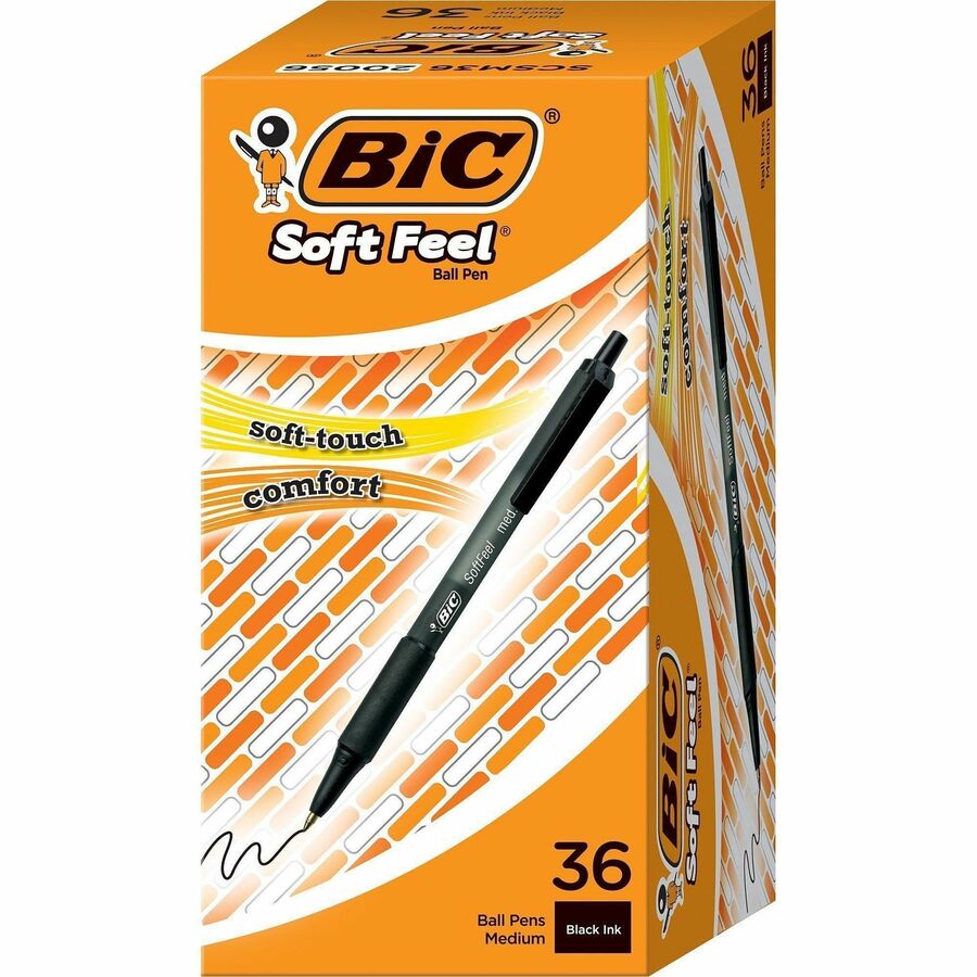 BIC SoftFeel Retractable Ball Pens - Retractable - Black Ink - Black Barrel - 36 / Box