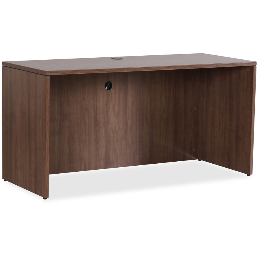 Lorell Essentials Series Credenza Shell - 29.5" Height x 59" Width x 23.6" Depth Credenza, 1" Thickness Top, 3.8" Thickness Drawer Pull - Finish: Walnut - Laminate Table Top - Durable, Grommet, Cord Management, Adjustable Feet - For Office - 1 Each