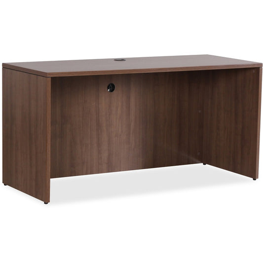 Lorell Essentials Series Credenza Shell - 29.5" Height x 59" Width x 23.6" Depth Credenza, 1" Thickness Top, 3.8" Thickness Drawer Pull - Finish: Walnut - Laminate Table Top - Durable, Grommet, Cord Management, Adjustable Feet - For Office - 1 Each