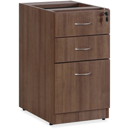 Lorell Essentials Series Box/Box/File Fixed File Cabinet - 28.5" Height x 15.5" Width x 21.9" Depth Pedestal - Total Drawer(s): 3 - Finish: Laminate, Walnut - Built-in Hangrail - For File, File Folder - 1 Each