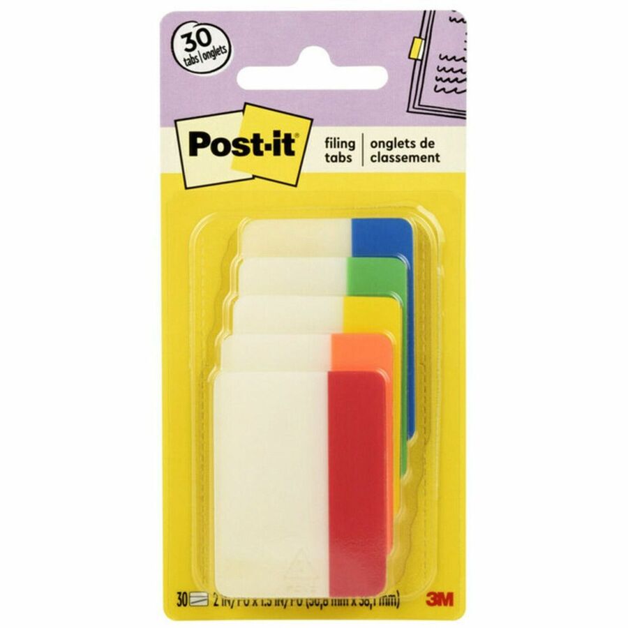 Post-it&reg, Tabs - Write-on Tab(s) - 2" Tab Width - Removable - Red, Orange, Yellow, Green, Blue Tab(s) - Durable, Repositionable, Customizable, Writable, Wear Resistant, Tear Resistant - 30 / Pack