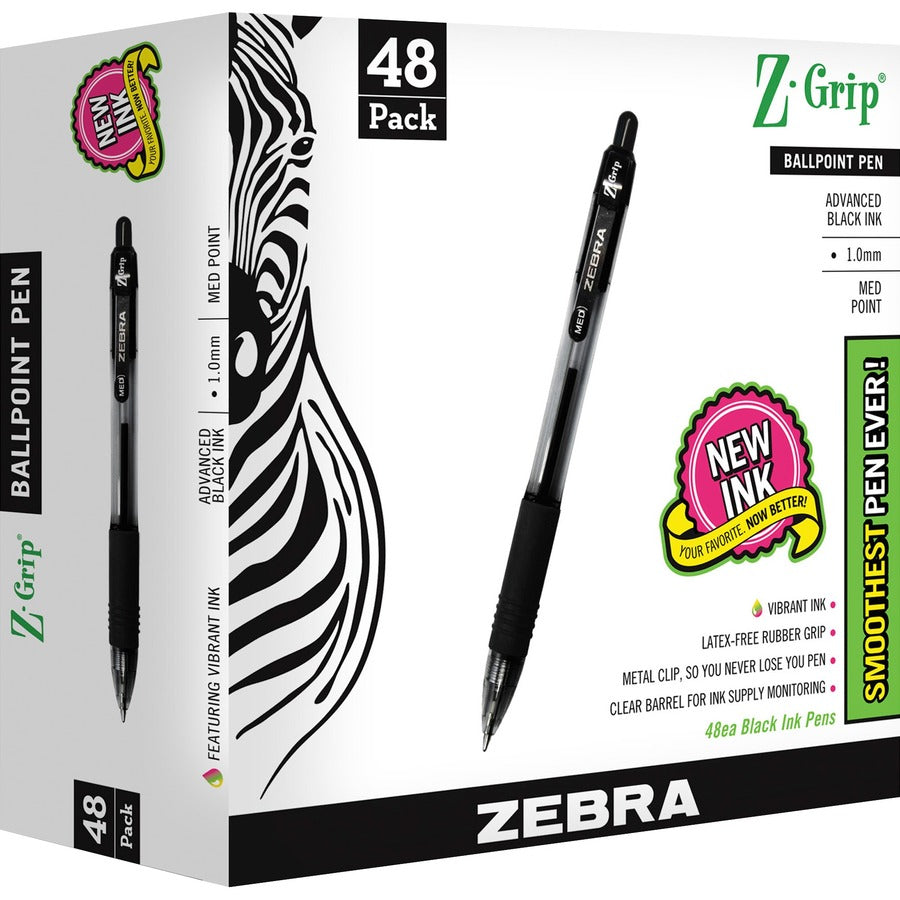 Zebra Z-Grip Retractable Ballpoint Pens - Retractable - Black Ink - Clear Plastic Barrel - 48 / Pack
