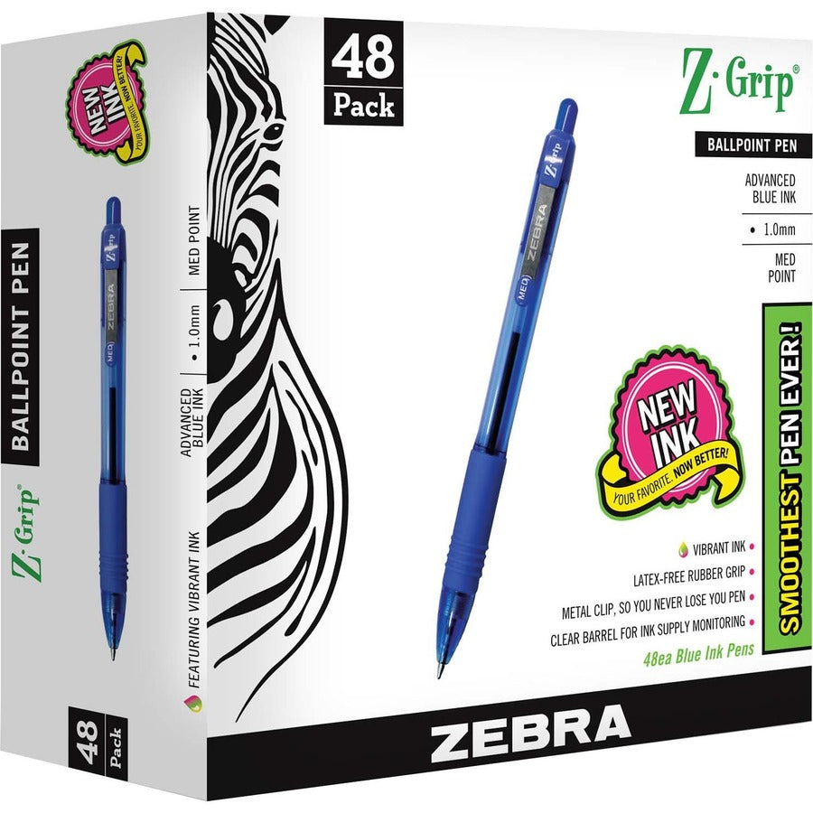 Zebra Z-Grip Retractable Ballpoint Pens - Retractable - Blue Ink - Clear Plastic Barrel - 48 / Pack