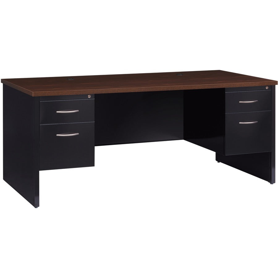 Lorell Fortress Modular Series Double-Pedestal Desk - 72" Width x 36" Depth, x 1.1" Thickness Top - Total Drawer(s): 2 - Double Pedestal - Material: Steel - Finish: Walnut Laminate, Black - Scratch Resistant, Stain Resistant, Ball-bearing Suspension, G...