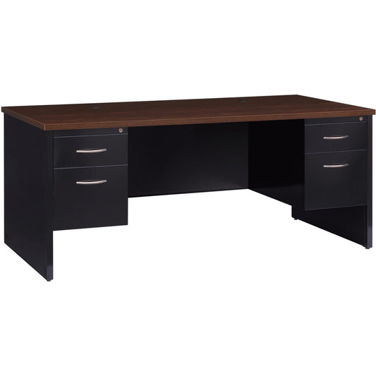 Lorell Fortress Modular Series Double-Pedestal Desk - 72" Width x 36" Depth, x 1.1" Thickness Top - Total Drawer(s): 2 - Double Pedestal - Material: Steel - Finish: Walnut Laminate, Black - Scratch Resistant, Stain Resistant, Ball-bearing Suspension, G...