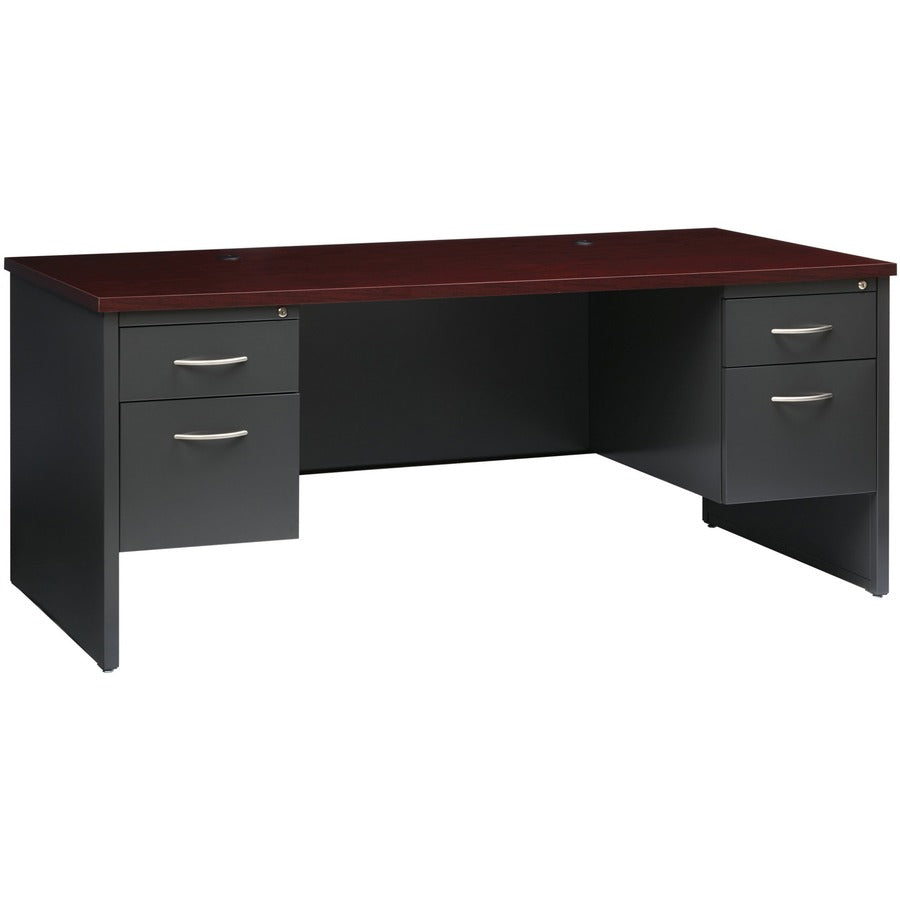 Lorell Fortress Modular Series Double-Pedestal Desk - 72" Width x 36" Depth, x 1.1" Thickness Top - Total Drawer(s): 2 - Double Pedestal - Material: Steel - Finish: Mahogany Laminate, Charcoal - Scratch Resistant, Stain Resistant, Ball-bearing Suspensi...